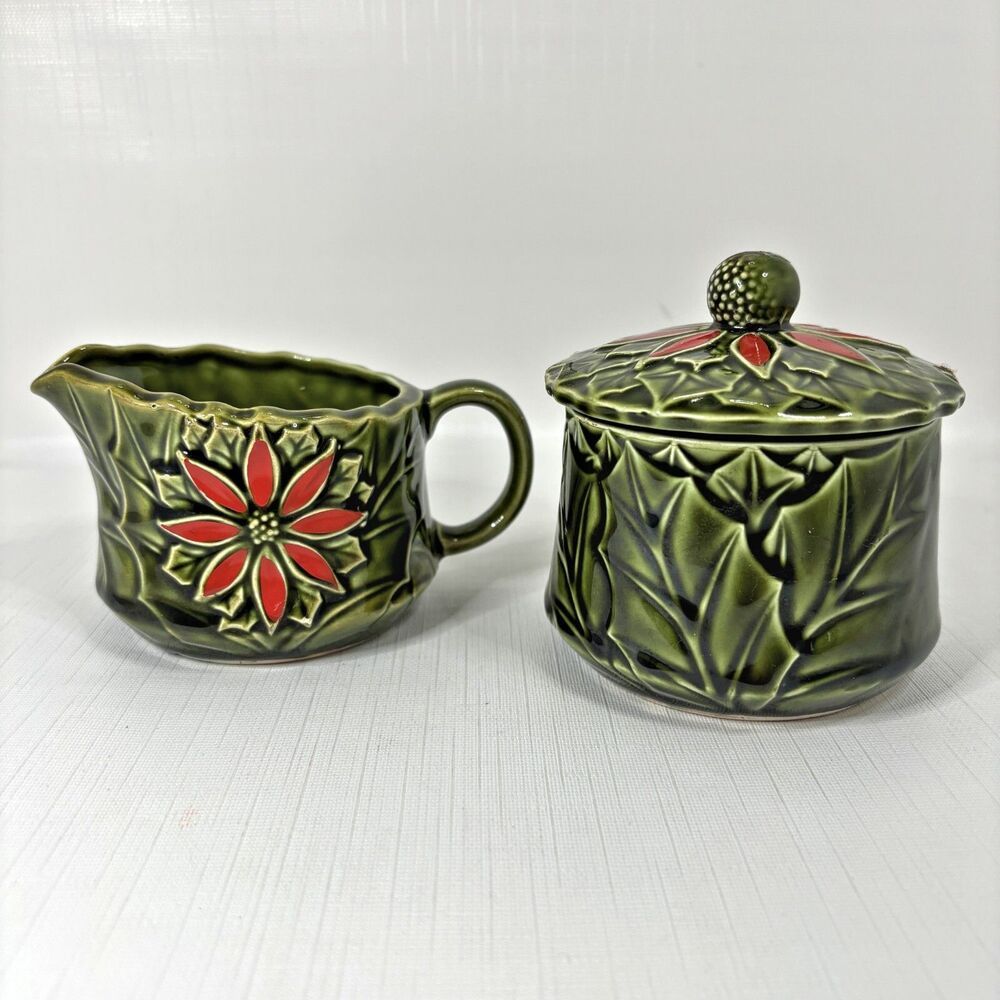 Vintage Enesco Poinsettia Holiday Sugar Creamer Set Christmas Cottagecore Retro